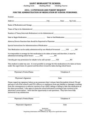 Physician and Parent Request for Medication Administration