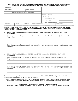 Notice of Intent to Deny Personal Care or Home Health Aide Services