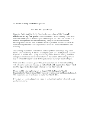 California Health Examination Report for School Entry