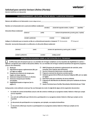 Solicitud para servicio Verizon Lifeline (Florida)