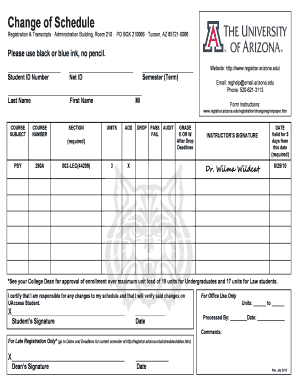 University of Arizona Change of Schedule Form