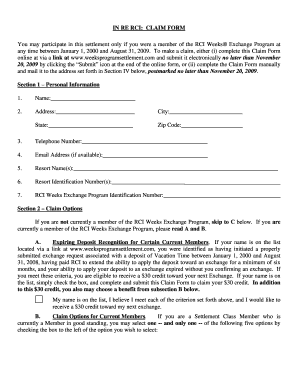 RCI Weeks Exchange Program Claim Form