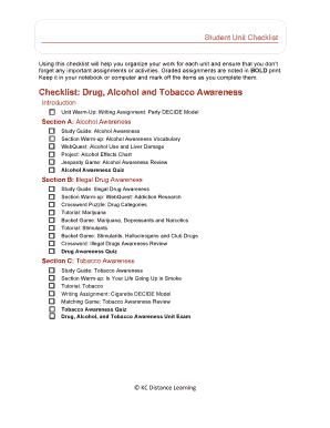Drug Alcohol and Tobacco Awareness Checklist