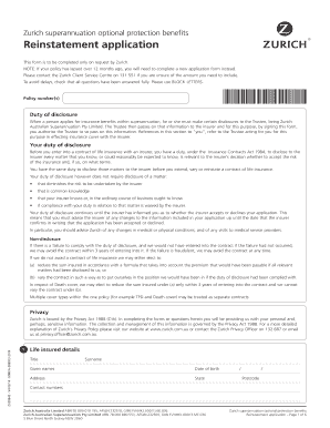 Zurich Superannuation Optional Protection Benefits Reinstatement Application
