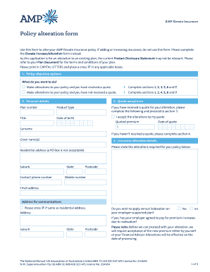 AMP Elevate Insurance Policy Alteration Form
