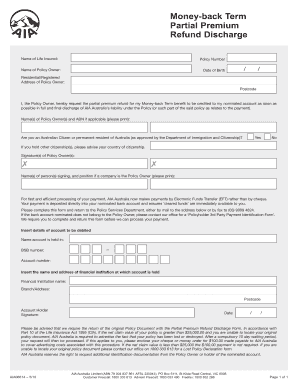 AIA Australia Partial Premium Refund Discharge Form