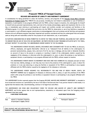 Prescott YMCA Liability Waiver and Indemnity Agreement