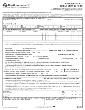 British Columbia Medical Services Plan Group Change Form