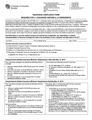 Insurance Compliance Form for J-1 Exchange Visitors