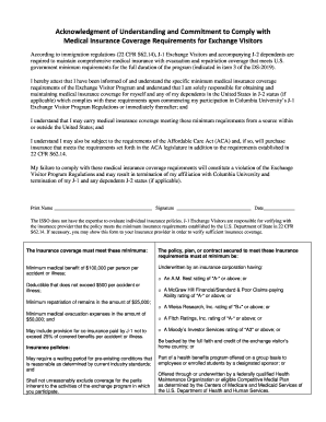 Acknowledgment of Medical Insurance Compliance for J-1 Exchange Visitors