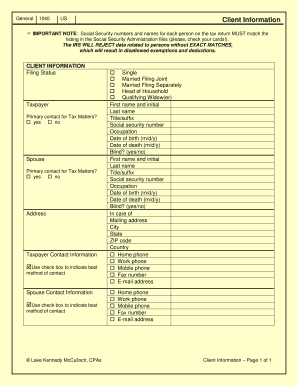 US Client Information Form 1040