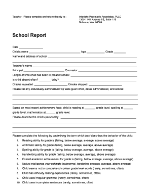 School Report Form for Psychiatric Evaluation