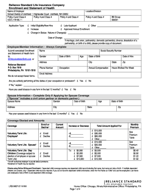 Reliance Standard Life Insurance Enrollment and Statement of Health