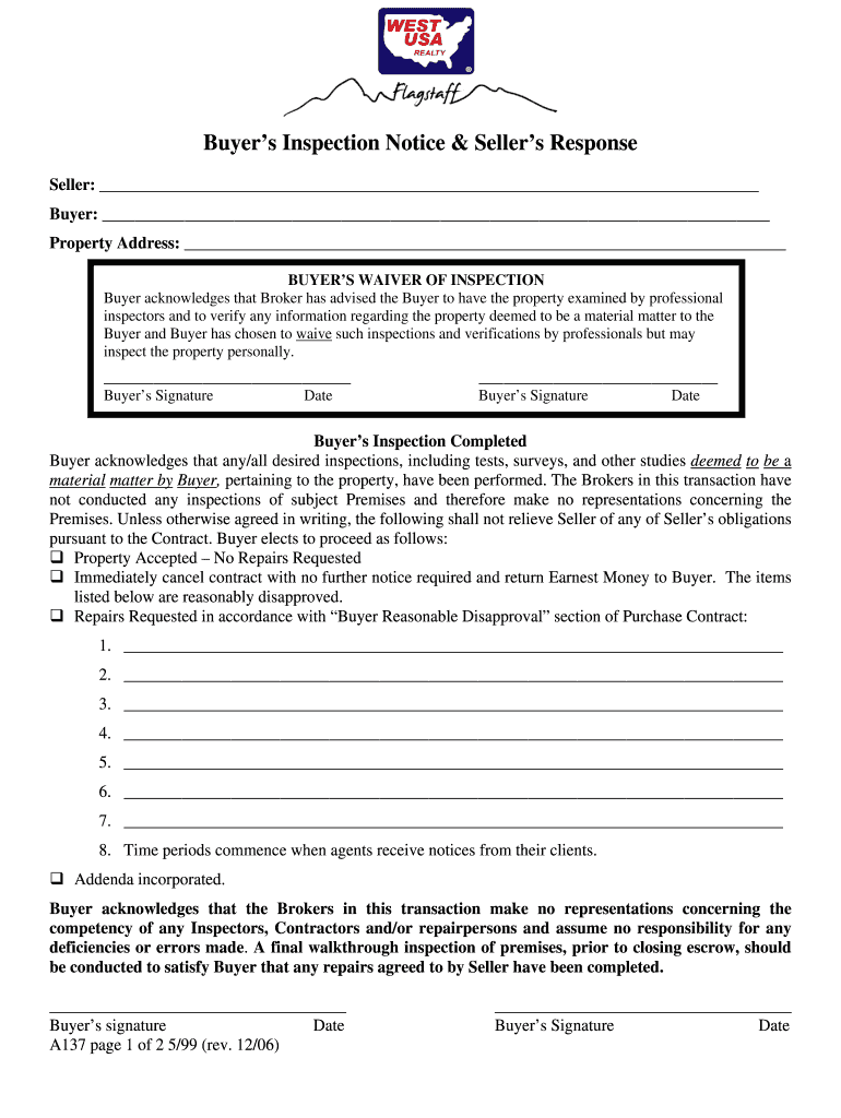Fillable Online Buyers Inspection Notice Sellers Response Fax Email