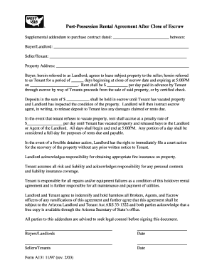 Post-Possession Rental Agreement After Close of Escrow