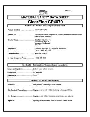 Page 1 of 7 MATERIAL SAFETY DATA SHEET ClearFloc CP4070 Section 01 Product And Company Information Product Identifier