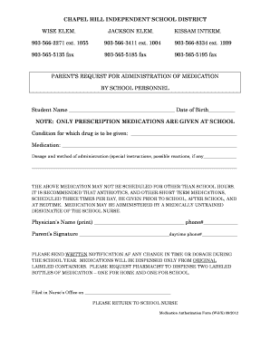 Parent’s Request for Administration of Medication by School Personnel