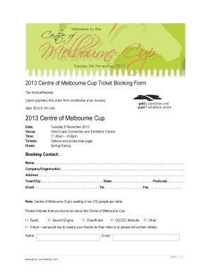 2013 Centre of Melbourne Cup Ticket Booking Form