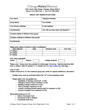 Chicago History Museum Group Visit Reservation Form