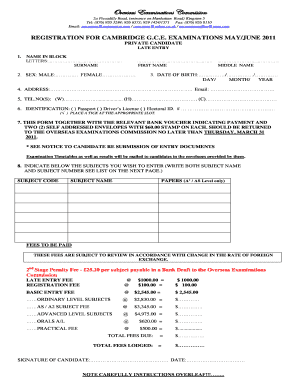 Cambridge GCE Examination Registration Form