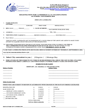 Cambridge GCE Examination Registration Form