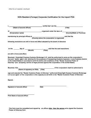 Non-Resident Corporate Certification for Import POA