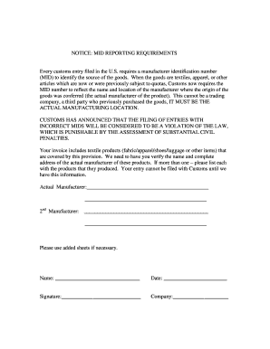 US Customs Textile Manufacturer Identification Notice