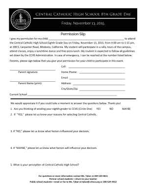 Permission Slip - Central Catholic High School - cchsca