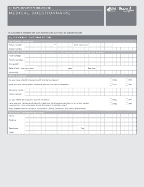 Bupa Expatriate Insurance Medical Questionnaire