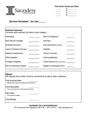 Services Worksheet - Business Expenses and Mileage