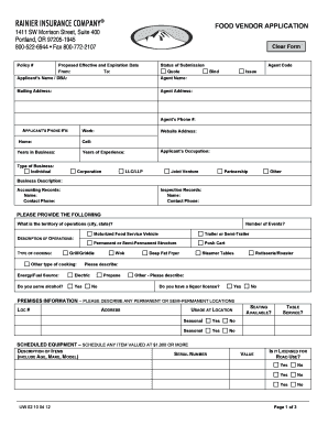 Rainier Insurance Food Vendor Application