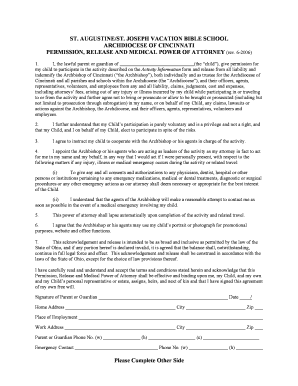 Vacation Bible School Permission and Medical Power of Attorney