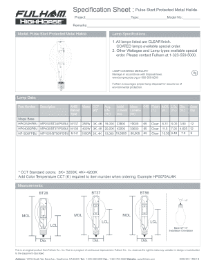 Pulse Start Protected Metal Halide Lamp Specification Sheet