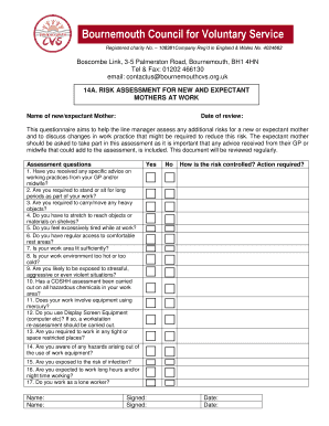 Risk Assessment Form for New and Expectant Mothers at Work
