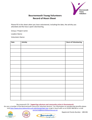 Bournemouth Young Volunteers Hours Record Sheet