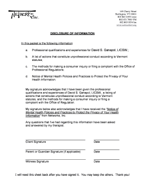 Vermont Mental Health Disclosure and Consent Form