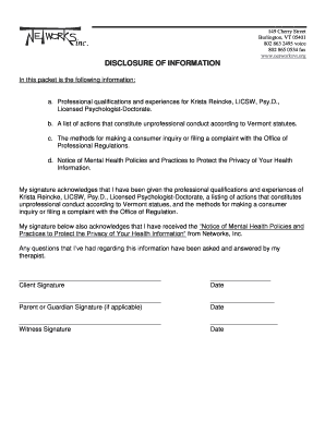 Vermont Mental Health Disclosure and Consent Form