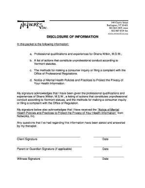 Vermont Mental Health Privacy Disclosure Form