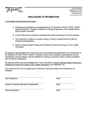 Vermont Mental Health Professional Disclosure Form