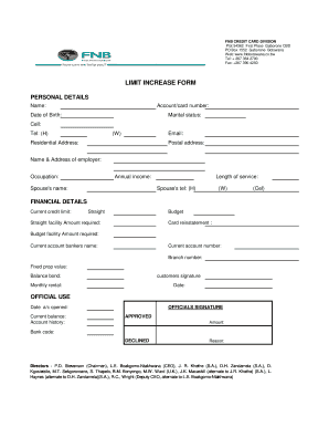 FNB Botswana Credit Card Limit Increase Form