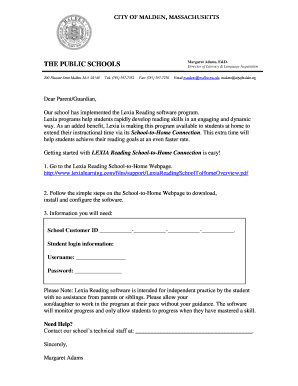 Lexia Reading School-to-Home Connection Letter
