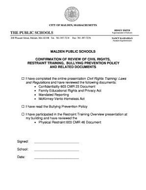 Confirmation of Review of Civil Rights, Restraint Training, Bullying Prevention Policy