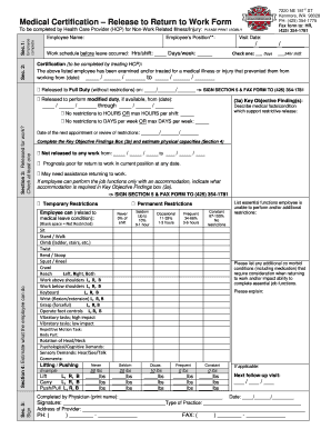 Medical Certification – Release to Return to Work Form