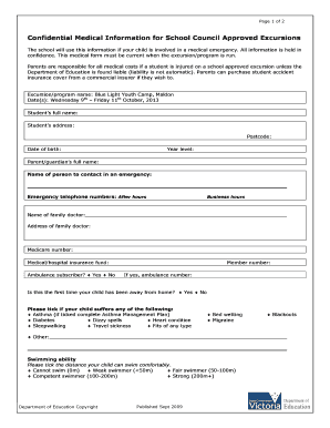 School Excursion Medical Form