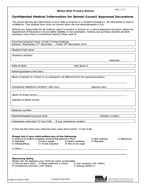 Confidential Medical Information for School Excursions
