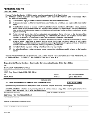California Child Care Center Personal Rights Notice