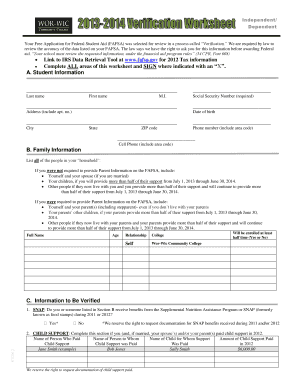 FAFSA Verification Worksheet