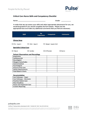 Critical Care Nurse Skills Checklist