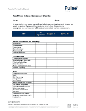 Renal Nurse Skills and Competency Checklist