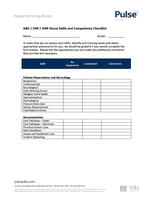 A&E Nurse Skills and Competency Checklist